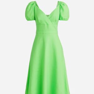 Puff-sleeve V-neck midi dress in stretch linen blend